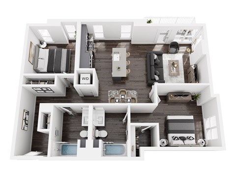 A top-down view of a modern, two-story apartment with a living room, kitchen, and bedrooms.
